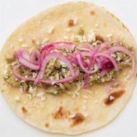 #9 Lunch Taco · salsa verde braised chicken, cotija, and pickled red onion