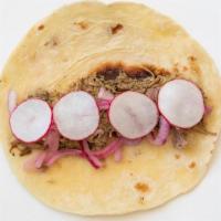 #12 Lunch Taco · carnitas, pickled red onion, and radish