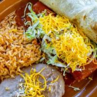 Burrito, Enchilada, Rice, & Beans Combo · Ground beef or shredded chicken with ranchera sauce, chile con queso, and white cheese.