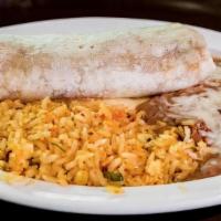 Burrito, Rice, & Beans Combo · Ground beef or shredded chicken with ranchera sauce, chile con queso, and white cheese.