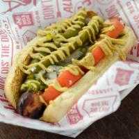 The Joliet Jake (Chicago Style) · Tomatoes, sport peppers, diced onions, pickle relish, deli mustard, celery salt, pickle spear.