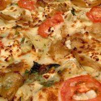 Prima (Small) · Caramelized onions, goat cheese, roma tomatoes, baby spinach, and tender artichoke hearts wi...