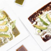 Enchiladas (4) · 4 rolled up chicken stuffed enchiladas, your choice of red or green sauce, lettuce, cheese, ...
