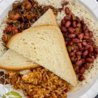 Cajun Sampler · Jambalaya, red beans and rice and crawfish Etouffee with Tuscan bread.