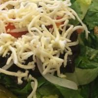 Garden Salad · Romaine lettuce, tomato, red onion, and 100% Mozzarella cheese, black olives.