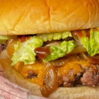 Hickory Cheddar Burger · beef patty, Cheddar, caramelized onion, lettuce, hickory barbeque sauce.