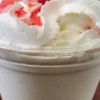 Strawberry Cheesecake · Blended strawberries with cream cheese ice and milk topped with whipped cream.