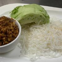 Mee Krob (Lettuce Wrap) · Sautéed water chestnuts, garlic, and your choice of ground chicken or vegetarian style with ...