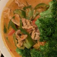 Panang · Medium. Bell pepper, shredded kaffir lime leaves, coconut milk and broccoli with panang curry.