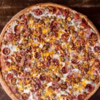 Meat Lovers · Pepperoni, ham, capicola, sausage, ground beef and bacon on top of a three cheese mix of moz...
