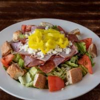 Antipasto (Large) · Cold cuts on top of lettuce with croutons, hot peppers, olives, chickpeas and mozzarella che...