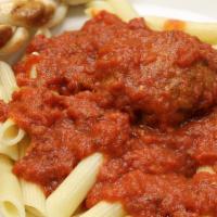 Penne With Meatball · With meatball or meat sauce and garlic stick.