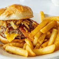 Texan Bbq Burger · Burger with 2 angus beef, American cheese, bacon, crispy onion, diced onion & Texan BBQ sauce