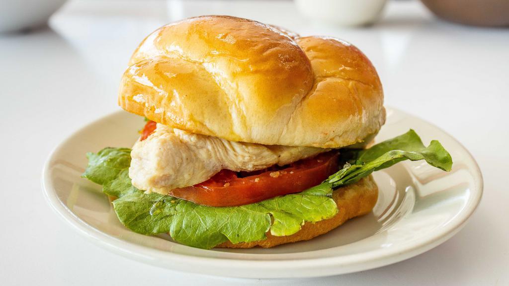 Grld Chkn Swch · Grilled Chicken breast, served with lettuce, tomato and mayo.
Add pepper-jack cheese $.50 or Add Bacon $ 1.50