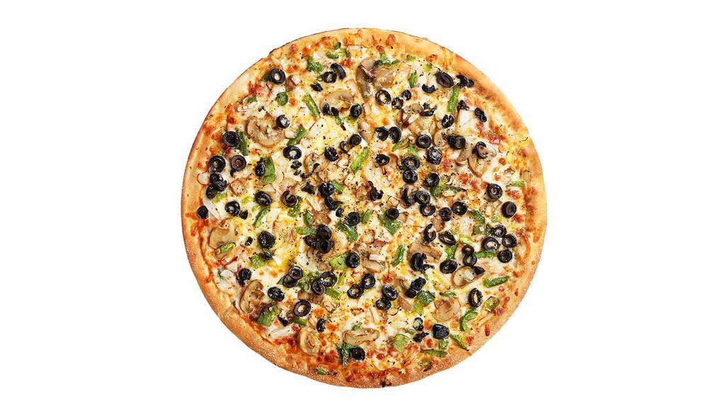 Out Of This World Veggie Pizza · Veggie pizza with mushrooms, onions, bell peppers, and black olives