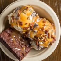 Bourbon Brownie Sundae · Bourbon pecan fudge ice cream, house made brownie, topped with roasted pecans and made from ...