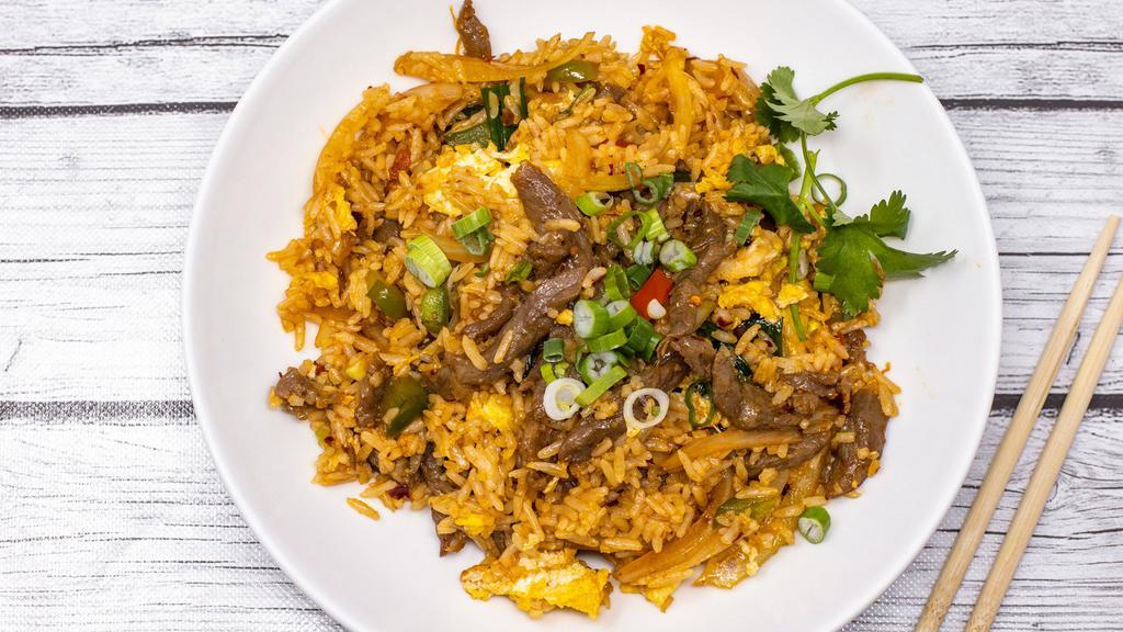 Thai Basil Fried Rice · Spicy. Tossed with bell pepper, onion, egg, scallion and basil leaves. Choice of chicken, or beef or shrimp for an additional charge.