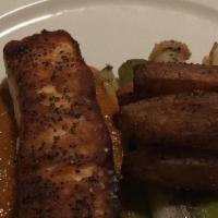 Salmon · Mixed Vegetable Hash, Duck Fat Vinaigrette.
