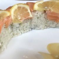 Samurai Roll (Salmon, Crab, Cream Cheese Covered With Eel, Tobiko, Avocado & Eel Sauce) · 