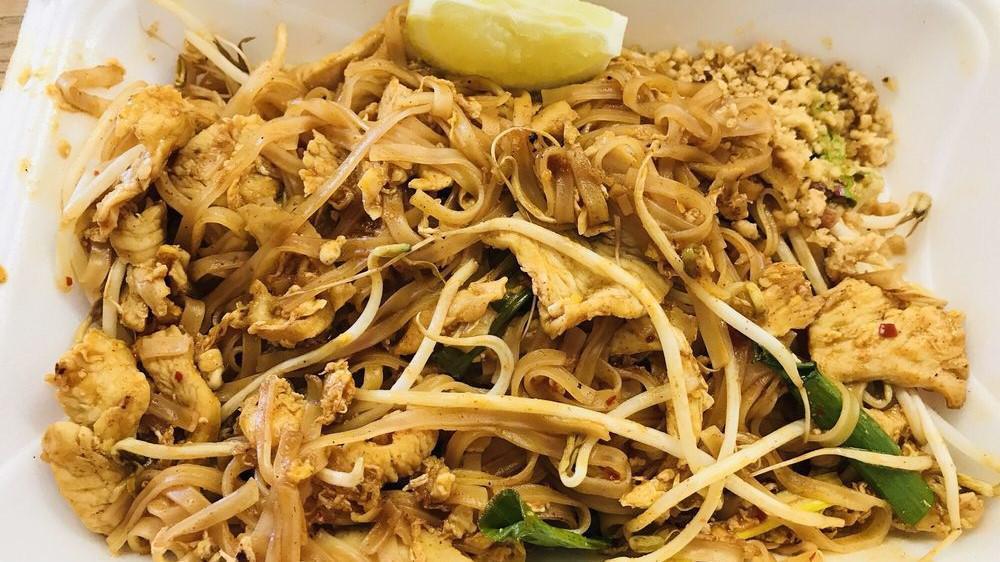 Pad Thai · A traditional and popular thai noodle stir fry. Thin rice noodles stir fry in a special brown sweet and sour sauce with eggs, bean sprouts, and green onions. Served with crushed peanuts and lime on the side.