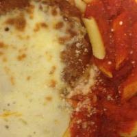Chicken Parmigiana · Chicken Cutlets Lightly Breaded & Fried Then Baked In Tomato Sauce & Mozzarella Cheese With ...