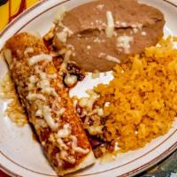 Kids Enchilada Plate · One enchilada, rice and beans.