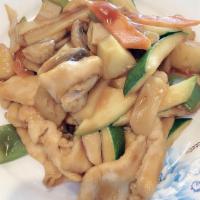 Pineapple Chicken · Sliced white meat chicken with pineapple, zucchini, carrot, mushroom, green peppers, bamboo ...