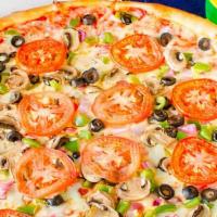 Extra Large Fresh Veggie · Real mozzarella cheese, our sauce, green olive, black olive, tomato, red onion, and green pe...