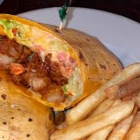 Boom-Boom Shrimp Wrap · Tender fried shrimp tossed in a spicy cream sauce then topped with lettuce, tomato and
Parme...