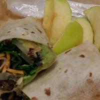 Veggie Wrap · Served with roasted red pepper hummus, avocado, cucumber, black olives, spinach, sun-dried t...