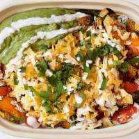 Achiote Chicken Taco Bowl · Free range chicken thigh, white rice, sauteed peppers x onions, Appharvest tomatoes, Meister...