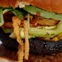Beyond Me Burger · plant based burger, Portobello, chimichurri, roasted corn, herb goat cheese, spinach, tobacc...