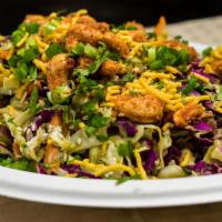 Desi Salad · Shredded white & red cabbage, carrots, scallions, and roasted cashews topped with toasted se...