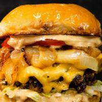 Crow Burger-Triple Patty  · Triple 3oz patties with house American cheese, charred onion, Iceberg lettuce, tomato, house...