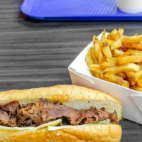 Philly Steak  Sandwich With Side Fries Or Rice · Seasoned beef comes with your choice of banana pepper, mushroom, green peppers, onions and j...