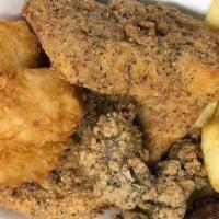 Seafood Dinner With A Side Of Cole Slaw · 2 pieces of our hand-filleted, hand-breaded Cod, fried butterfly shrimp, pan fried  oysters,...