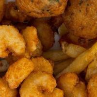 Popcorn Shrimp Dinner W/ 2 Hushpuppies · Popcorn size shrimp breaded and fried, served with our house made hush puppies plus 2 regula...