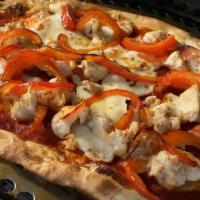 Chicken Kebab · Roasted chicken, red bell pepper, mozzarella, chili flakes, red cause, white sauce, spicy ho...