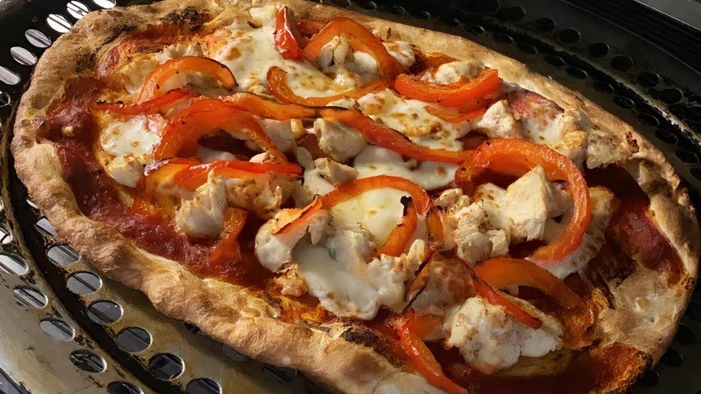 Chicken Kebab · Roasted chicken, red bell pepper, mozzarella, chili flakes, red cause, white sauce, spicy honey.