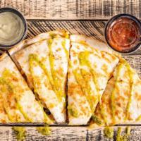 Bacon Ranch Chicken Quesadilla · Grilled chicken breast, honey glazed pepper bacon, and three-cheese blend of cheddar, pepper...