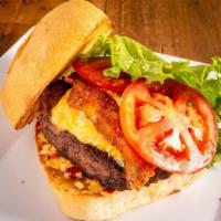 Bacon Pimento Cheese Burger · Honey glazed pepper bacon, jalapeño, and regular pimento cheese, lettuce, and tomato. Certif...