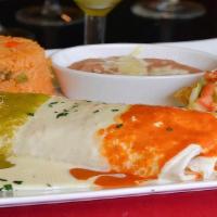 Burrito Al Carbón · A flour tortilla filled with marinated skirt steak, topped with nacho cheese, and green and ...