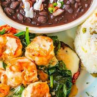 Camarones Escondido · 10 oz chicken breast grilled to perfection, topped with six jumbo shrimp, spinach and cheese...