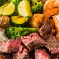 Steak & Shrimp · Combinations include fried rice, sweet carrots and four oz. of shrimp sauce.