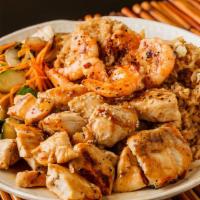 Shrimp & Chicken · Combinations include fried rice, sweet carrots and four oz of shrimp sauce.