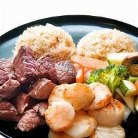 Steak & Scallops · Combinations include fried rice, sweet carrots and four oz. of shrimp sauce.