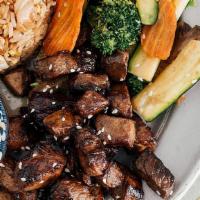 Hibachi Steak With Mushrooms · Entrées include fried rice, sweet carrots and four oz. of shrimp sauce.