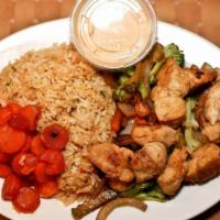 Teriyaki Chicken With Broccoli · Entrées include fried rice, sweet carrots and four oz of shrimp sauce.