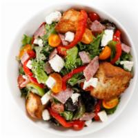 Panzanella · Romaine, salami, feta, heirloom tomato, roasted red pepper, and toasted bread, served with A...