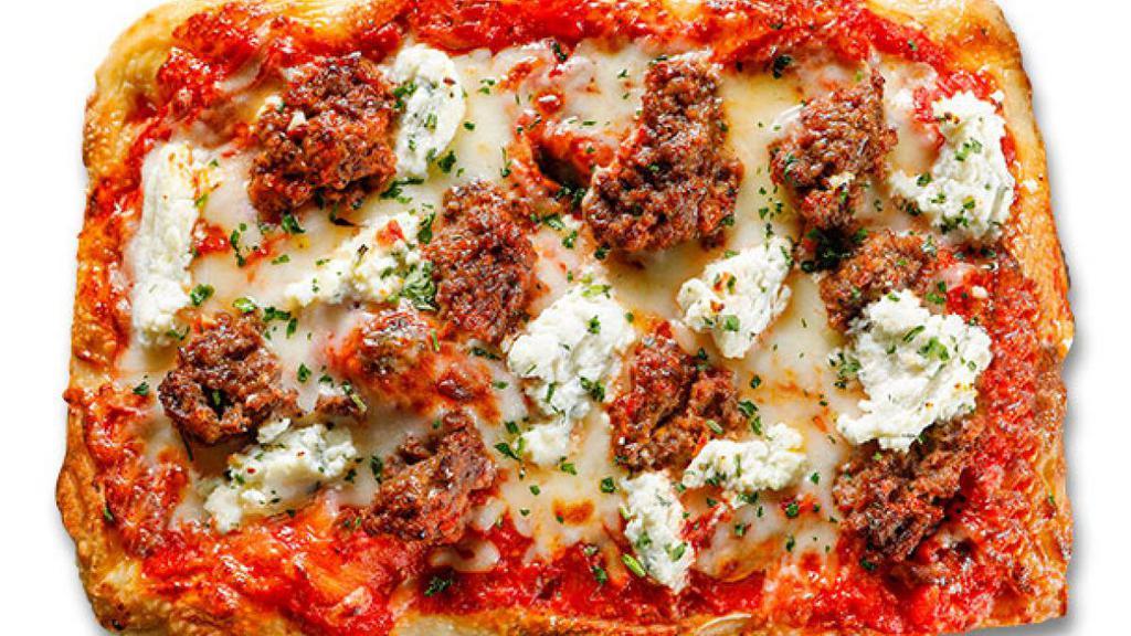 Meatball Ricotta · Our world-famous meatball, ricotta, Parmesan, mozzarella, provolone, and our authentic pizza sauce.